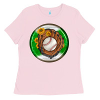 Bubblegum Pink baseball with sunflower round earrings Ladies Tee - BundleAndBundleShop