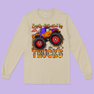 Easily Distracted By Trucks Long Sleeve Tee Designed By Cowhidedigitalart