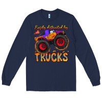 Navy Easily Distracted By Trucks Long Sleeve Tee - CowhideDigitalArt