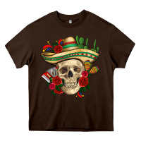 Chocolate Brown Di de los muertos with roses Mexico Heavy Core Tee - HowdyJamesFarm