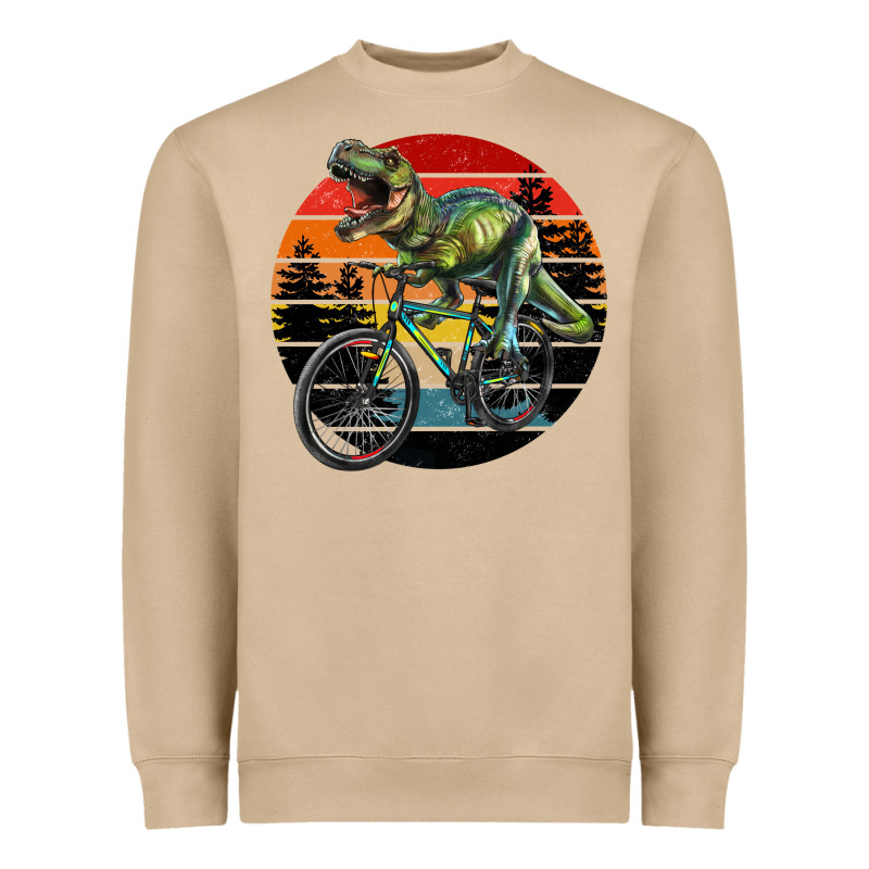 T Rex Dinosaur Riding Bicycle With Retro Forest Sunset Heavyweight Sweatshirt by RanaPortraitStore | Teevron