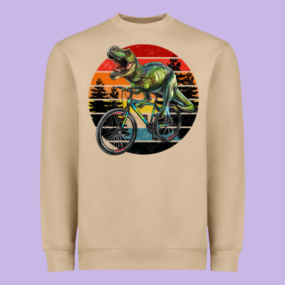 T Rex Dinosaur Riding Bicycle With Retro Forest Sunset Heavyweight Sweatshirt Designed By Ranaportraitstore