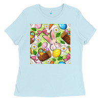 Baby Blue Easter Hamper With Bunny Seamless Pattern Ladies Tee - BundleAndBundleShop