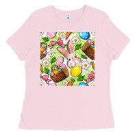 Bubblegum Pink Easter Hamper With Bunny Seamless Pattern Ladies Tee - BundleAndBundleShop