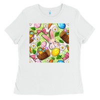 White Easter Hamper With Bunny Seamless Pattern Ladies Tee - BundleAndBundleShop
