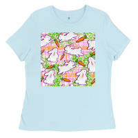 Baby Blue Easter Bunnies With Carrots Seamless Pattern Ladies Tee - BundleAndBundleShop