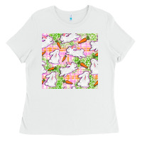 White Easter Bunnies With Carrots Seamless Pattern Ladies Tee - BundleAndBundleShop