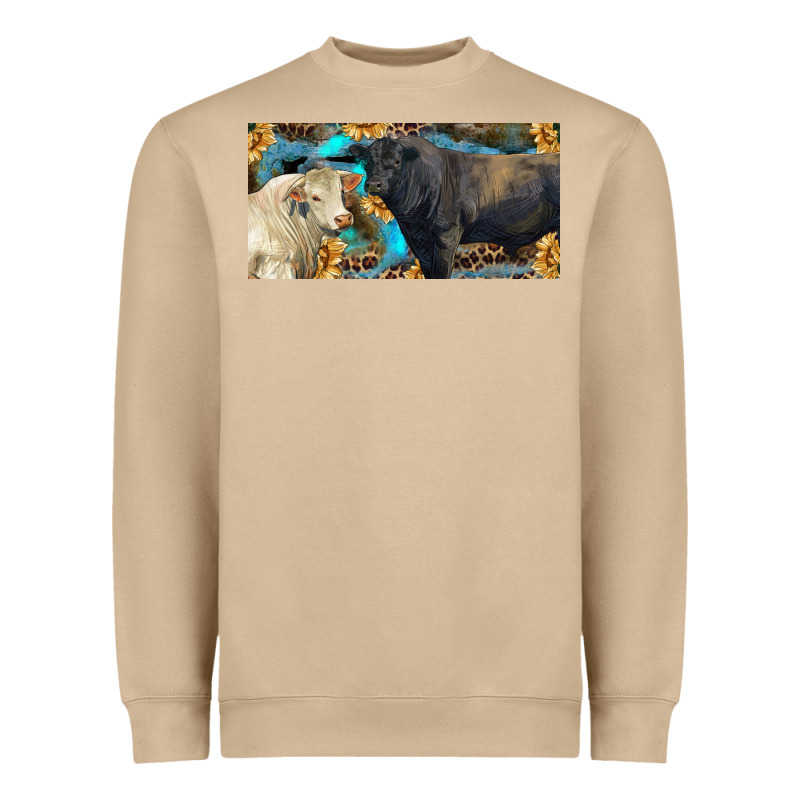 Charolais And Black Angus Bull With Sunflower And Leopard Heavyweight Sweatshirt by RanaPortraitStore | Teevron