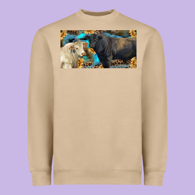 Charolais And Black Angus Bull With Sunflower And Leopard Heavyweight Sweatshirt Designed By Ranaportraitstore