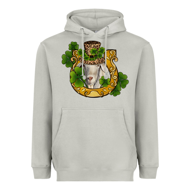 St Patricks Day Goat Horseshoe Shamrock Heavyweight Hoodie by RanaPortraitStore | Teevron