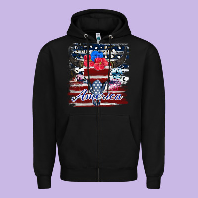 Bull Skull America Zipper Hoodie Designed By Jahusdesignshop