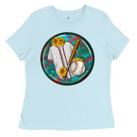 Baby Blue baseball with sunflower round earrings Ladies Tee - BundleAndBundleShop