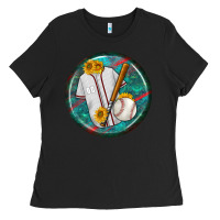 Baseball With Sunflower Round Earrings Ladies Tee | Teevron