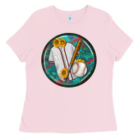 Bubblegum Pink baseball with sunflower round earrings Ladies Tee - BundleAndBundleShop