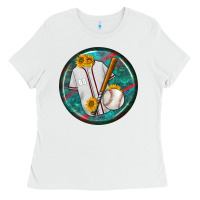 White baseball with sunflower round earrings Ladies Tee - BundleAndBundleShop