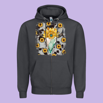 Cowhide Sunflower Gemstone Bull Skull Zipper Hoodie Designed By Jahusdesignshop