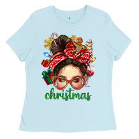 Baby Blue Christmas Messy Bun With Gingerbread Man Ladies Tee - BundleAndBundleShop