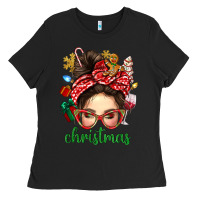Black Christmas Messy Bun With Gingerbread Man Ladies Tee - BundleAndBundleShop