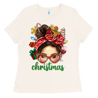 Bone Christmas Messy Bun With Gingerbread Man Ladies Tee - BundleAndBundleShop