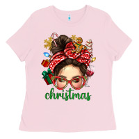 Bubblegum Pink Christmas Messy Bun With Gingerbread Man Ladies Tee - BundleAndBundleShop