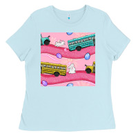 Baby Blue Easter School Bus Seamless Pattern Ladies Tee - BundleAndBundleShop