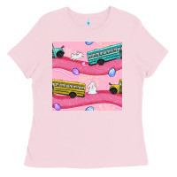 Bubblegum Pink Easter School Bus Seamless Pattern Ladies Tee - BundleAndBundleShop