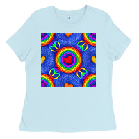 Baby Blue Pride lgbtq hearts and peace symbol seamless patte Ladies Tee - BundleAndBundleShop