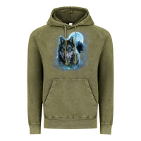 Vintage Olive t shirt, grey wolf hunting ground, icy moon, forest, galaxy Vintage Hoodie - linhVisuals