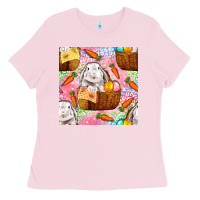 Bubblegum Pink Easter Bunny With Hamper Seamless Pattern Ladies Tee - BundleAndBundleShop