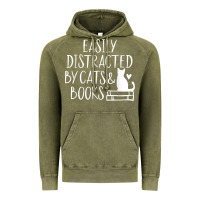 Vintage Olive easily distracted by cats and books   cute book lover t shirt Vintage Hoodie - linhVisuals