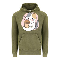 Vintage Olive Cat Drinking Coffee Kitten Kawaii Japanese Kitty Vintage Hoodie - linhVisuals