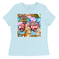 Baby Blue Easter Bunny With Truck Seamless Pattern Ladies Tee - BundleAndBundleShop