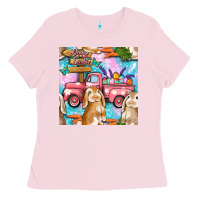 Bubblegum Pink Easter Bunny With Truck Seamless Pattern Ladies Tee - BundleAndBundleShop