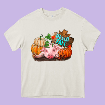 Hello Fall Pig Heavy Core Tee Designed By Ranaportraitstore