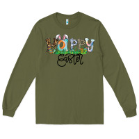 Army Green Happy Easter Long Sleeve Tee - CowhideDigitalArt