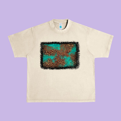 Western Leopard Turquoise Glitter Tooled Leather Urban Heavy Tee Designed By Fadigitalartstudio