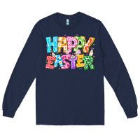Navy Happy Easter Long Sleeve Tee - CowhideDigitalArt