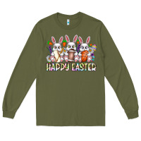 Army Green Happy Easter Spot Rabbit Long Sleeve Tee - CowhideDigitalArt