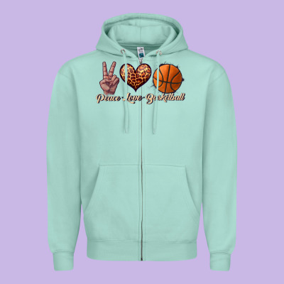 Peace Love Basketball Zipper Hoodie Designed By Jahusdesignshop