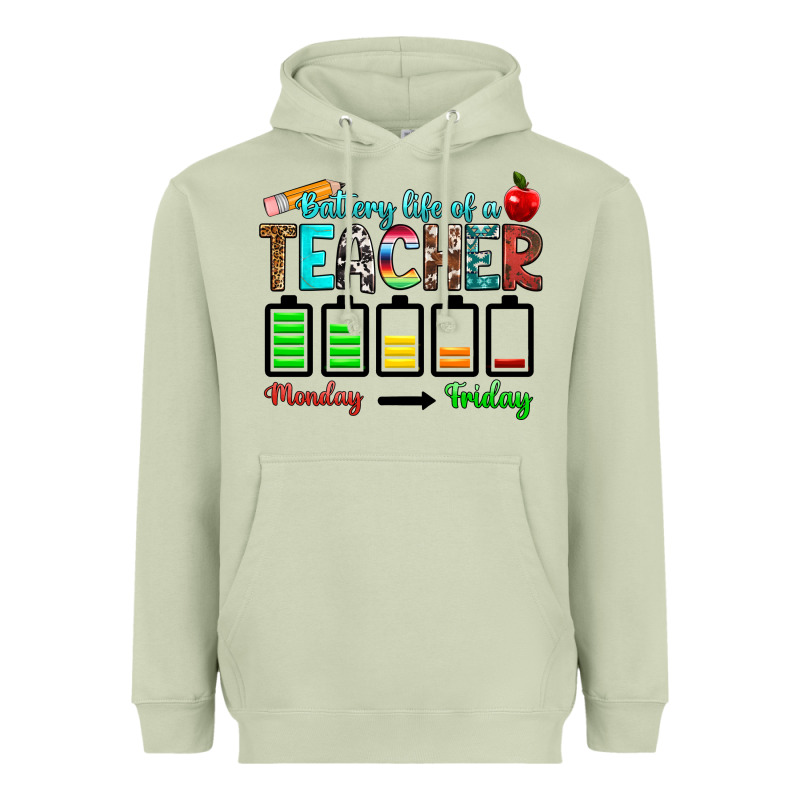 Battery Life Of A Teacher Monday Friday Heavyweight Hoodie by RanaPortraitStore | Teevron