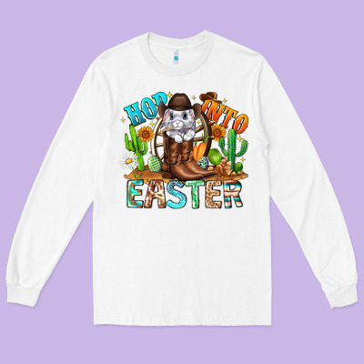 Hop Into Easter Bunny Western Long Sleeve Tee Designed By Cowhidedigitalart