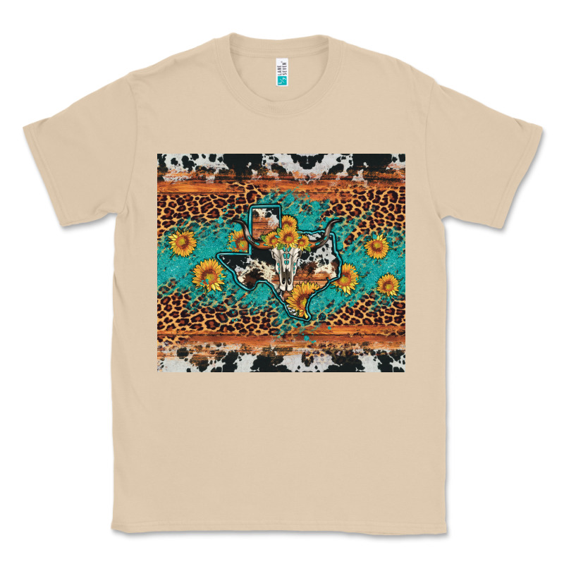 Bull Skull Texas Map Sunflower Leopard Cowhide Classic Tee by Artiststas | Teevron