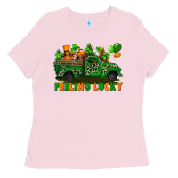 Bubblegum Pink feeling lucky with gnomes on truck Ladies Tee - FaDigitalArtStudio