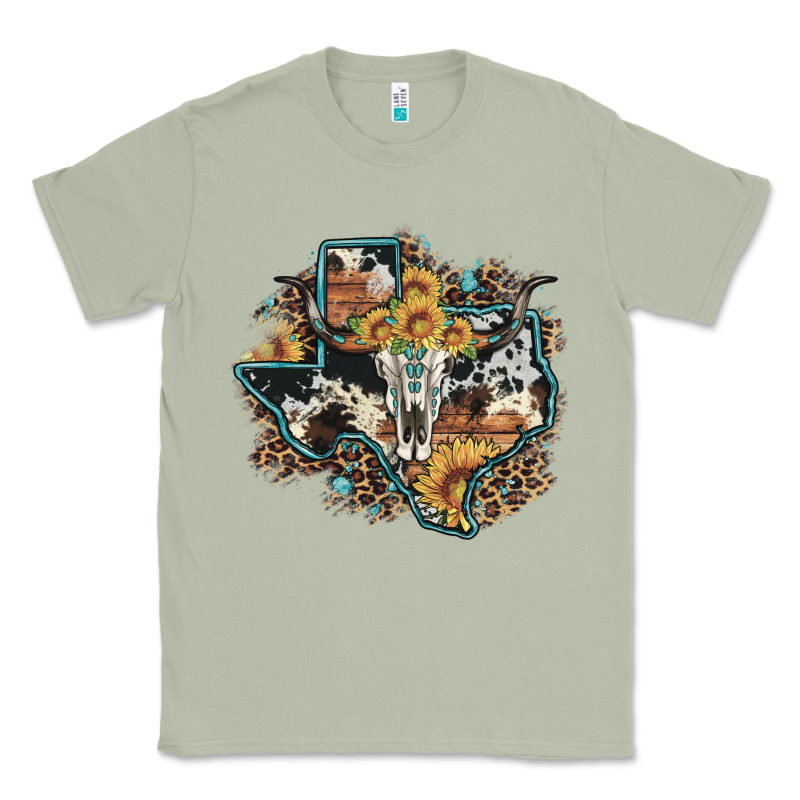 Bull Skull Leopard Cowhide Sunflower Texas Map Classic Tee by Artiststas | Teevron