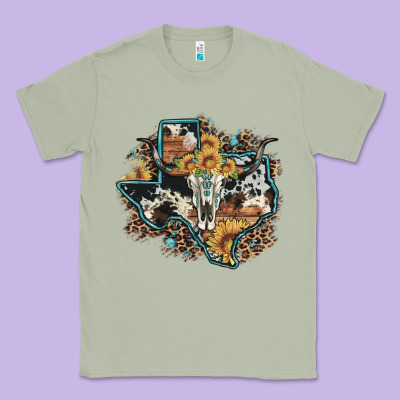 Bull Skull Leopard Cowhide Sunflower Texas Map Classic Tee Designed By Artiststas