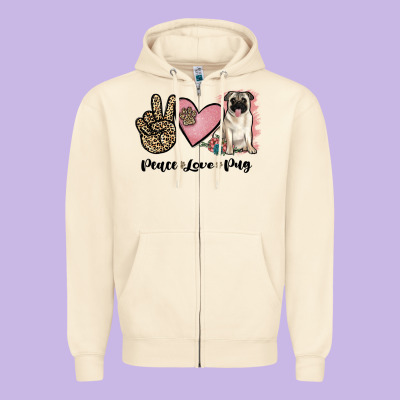 Peace Love Pug Zipper Hoodie Designed By Jahusdesignshop