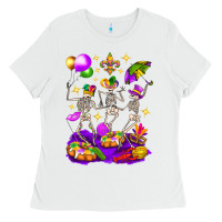 White Mardi Gras Skeletons Ladies Tee - BundleAndBundleShop