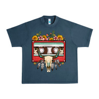 Midnight Navy bull skull sunflower floral cassette Urban Heavy Tee - FaDigitalArtStudio