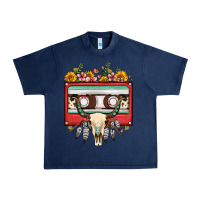Navy bull skull sunflower floral cassette Urban Heavy Tee - FaDigitalArtStudio