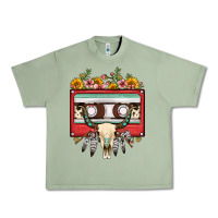 Oil Green bull skull sunflower floral cassette Urban Heavy Tee - FaDigitalArtStudio